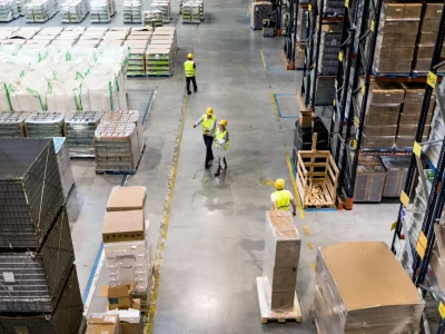Workers during work in warehouse, view from above